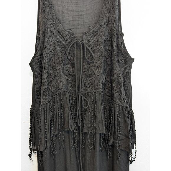 UMGEE Black Gauze Duster Swim Topper Crochet Lace Fringe Sleeveless Tie Front L - Picture 4 of 7
